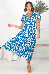 Loya Midi Dress - A Line Cap Sleeve Button Down Dress in Jaxie Print Blue