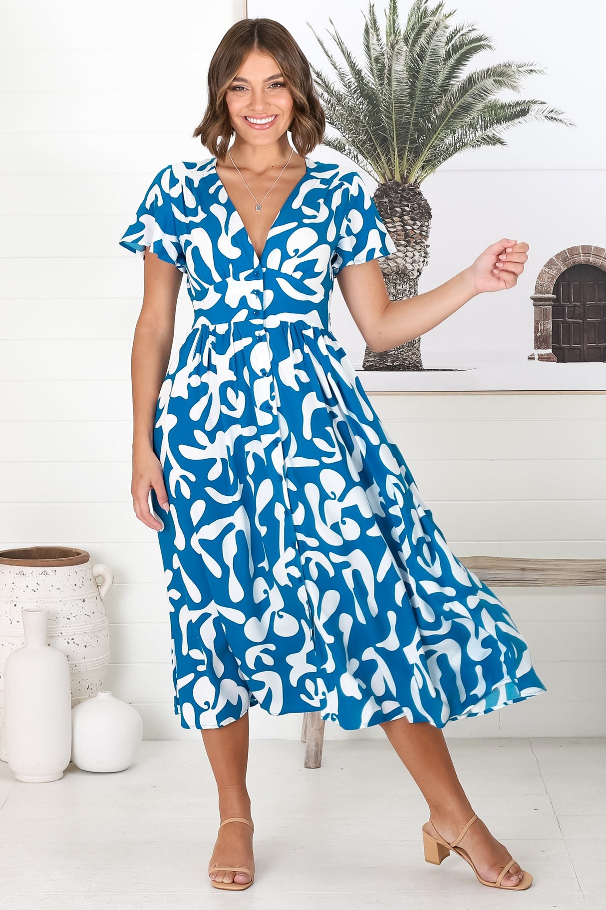 Loya Midi Dress - A Line Cap Sleeve Button Down Dress in Jaxie Print Blue