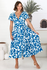 Loya Midi Dress - A Line Cap Sleeve Button Down Dress in Jaxie Print Blue