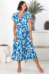 Loya Midi Dress - A Line Cap Sleeve Button Down Dress in Jaxie Print Blue