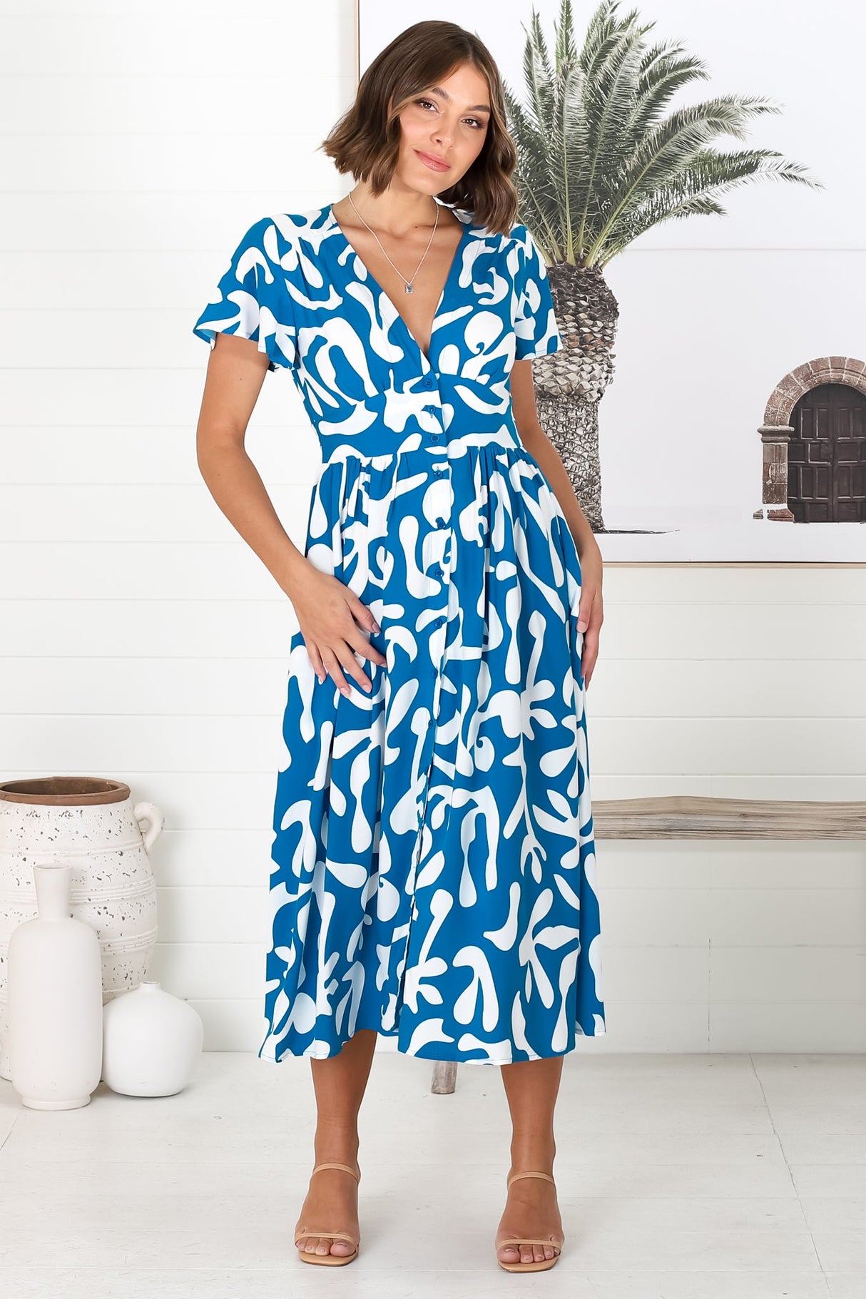 Loya Midi Dress - A Line Cap Sleeve Button Down Dress in Jaxie Print Blue