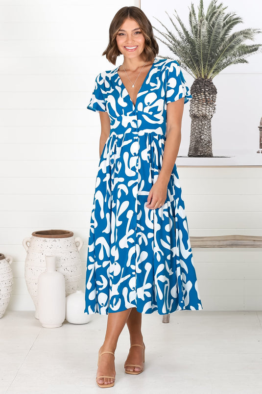 Loya Midi Dress - A Line Cap Sleeve Button Down Dress in Jaxie Print Blue