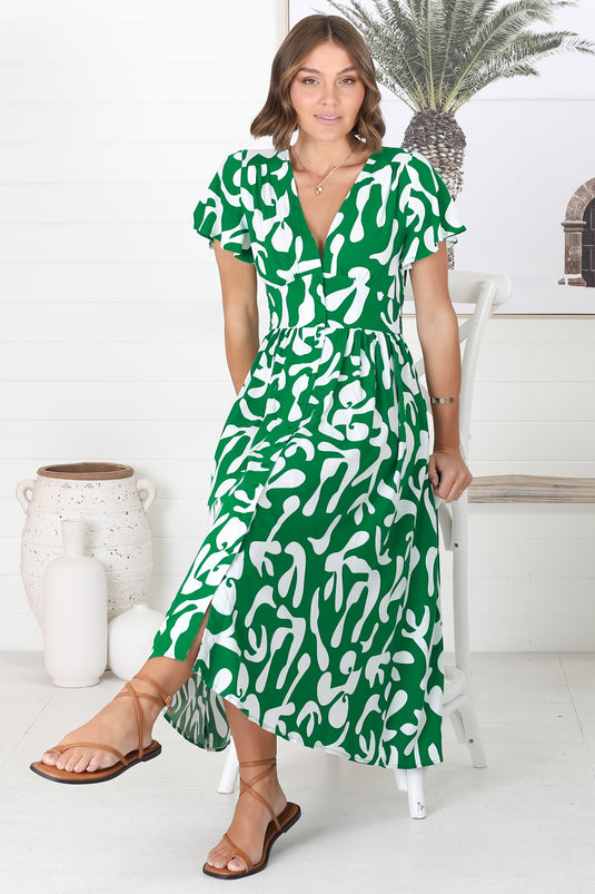 Loya Midi Dress - A Line Cap Sleeve Button Down Dress in Jaxie Print Green