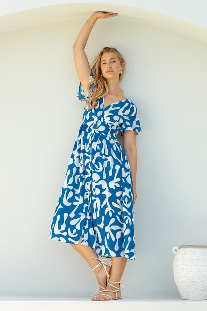 Loya Midi Dress - A Line Cap Sleeve Button Down Dress in Jaxie Print Blue