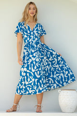 Loya Midi Dress - A Line Cap Sleeve Button Down Dress in Jaxie Print Blue