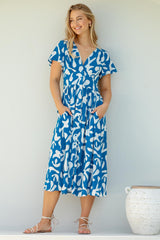 Loya Midi Dress - A Line Cap Sleeve Button Down Dress in Jaxie Print Blue