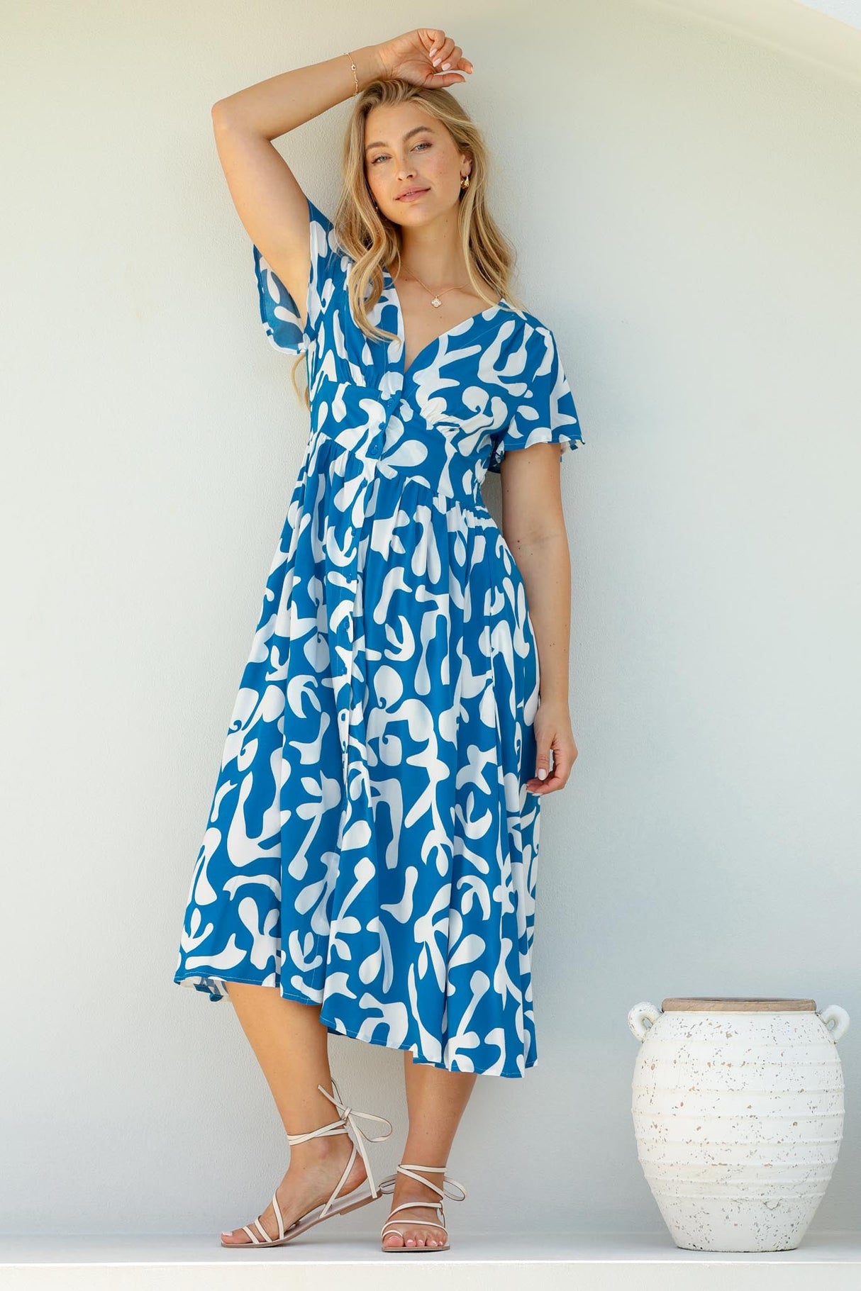 Loya Midi Dress - A Line Cap Sleeve Button Down Dress in Jaxie Print Blue