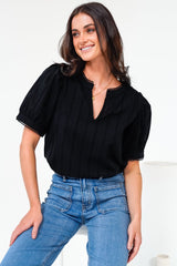 Loyalty Top - Textured V-Neck Split Collar Top with Puff Sleeves and Scallop Trims in Black