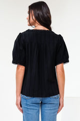 Loyalty Top - Textured V-Neck Split Collar Top with Puff Sleeves and Scallop Trims in Black