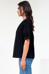Loyalty Top - Textured V-Neck Split Collar Top with Puff Sleeves and Scallop Trims in Black