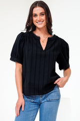 Loyalty Top - Textured V-Neck Split Collar Top with Puff Sleeves and Scallop Trims in Black