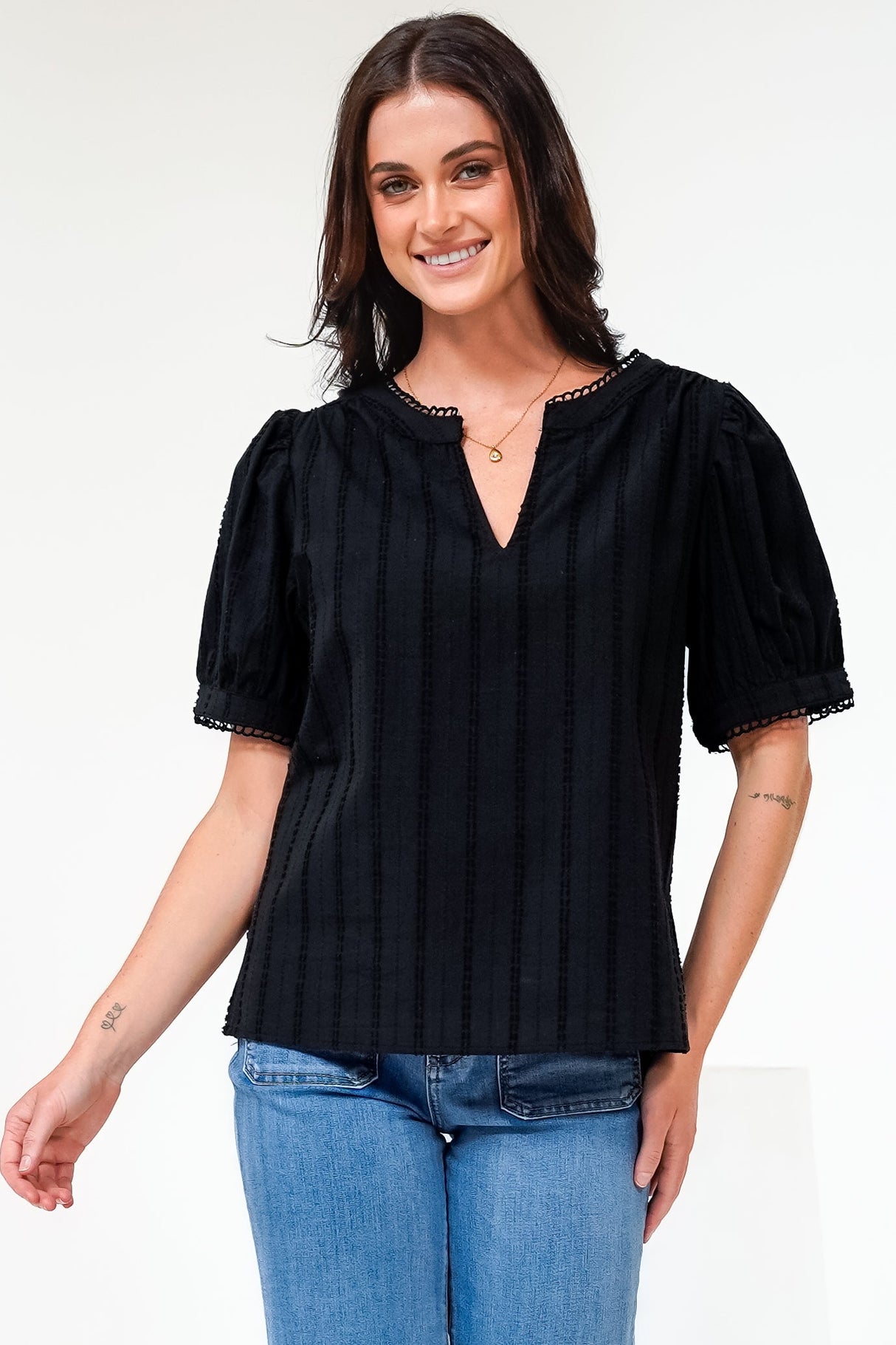 Loyalty Top - Textured V-Neck Split Collar Top with Puff Sleeves and Scallop Trims in Black