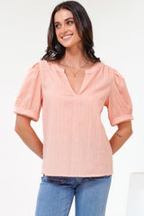 Loyalty Top - Textured V-Neck Split Collar Top with Puff Sleeves and Scallop Trims in Peach