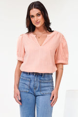 Loyalty Top - Textured V-Neck Split Collar Top with Puff Sleeves and Scallop Trims in Peach
