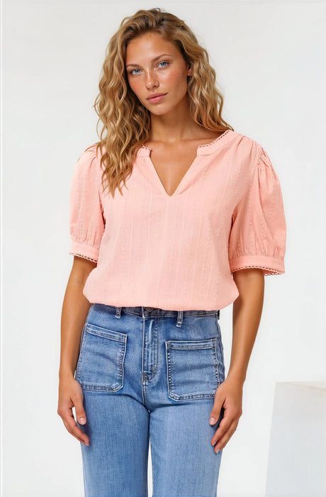 Loyalty Top - Textured V-Neck Split Collar Top with Puff Sleeves and Scallop Trims in Peach