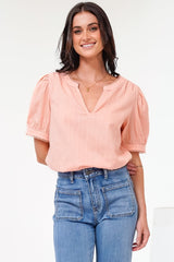Loyalty Top - Textured V-Neck Split Collar Top with Puff Sleeves and Scallop Trims in Peach