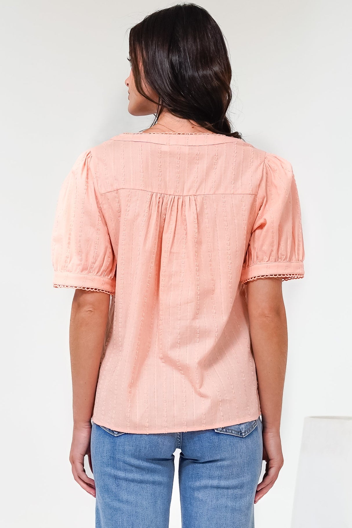 Loyalty Top - Textured V-Neck Split Collar Top with Puff Sleeves and Scallop Trims in Peach