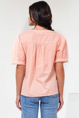 Loyalty Top - Textured V-Neck Split Collar Top with Puff Sleeves and Scallop Trims in Peach