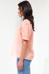 Loyalty Top - Textured V-Neck Split Collar Top with Puff Sleeves and Scallop Trims in Peach