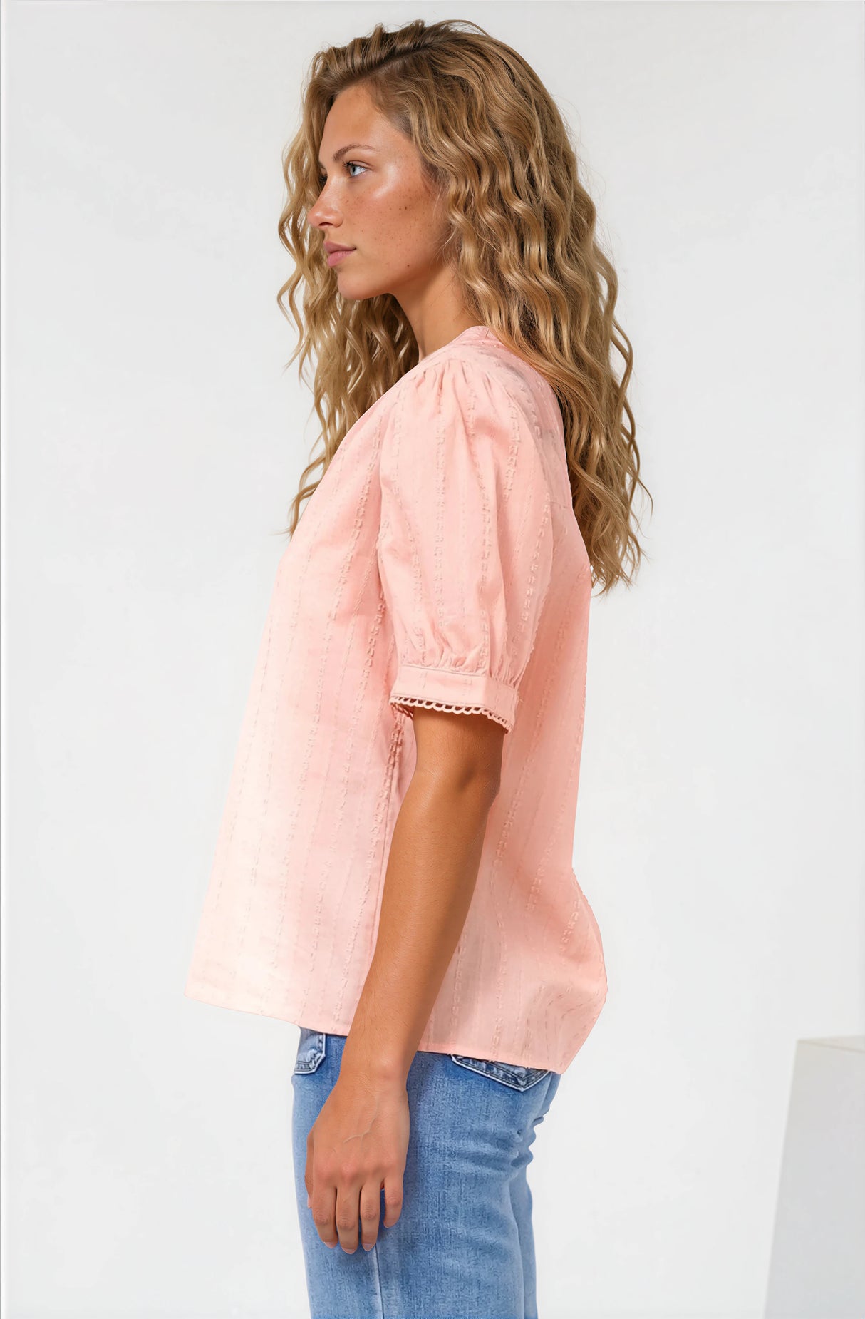 Loyalty Top - Textured V-Neck Split Collar Top with Puff Sleeves and Scallop Trims in Peach