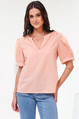Loyalty Top - Textured V-Neck Split Collar Top with Puff Sleeves and Scallop Trims in Peach