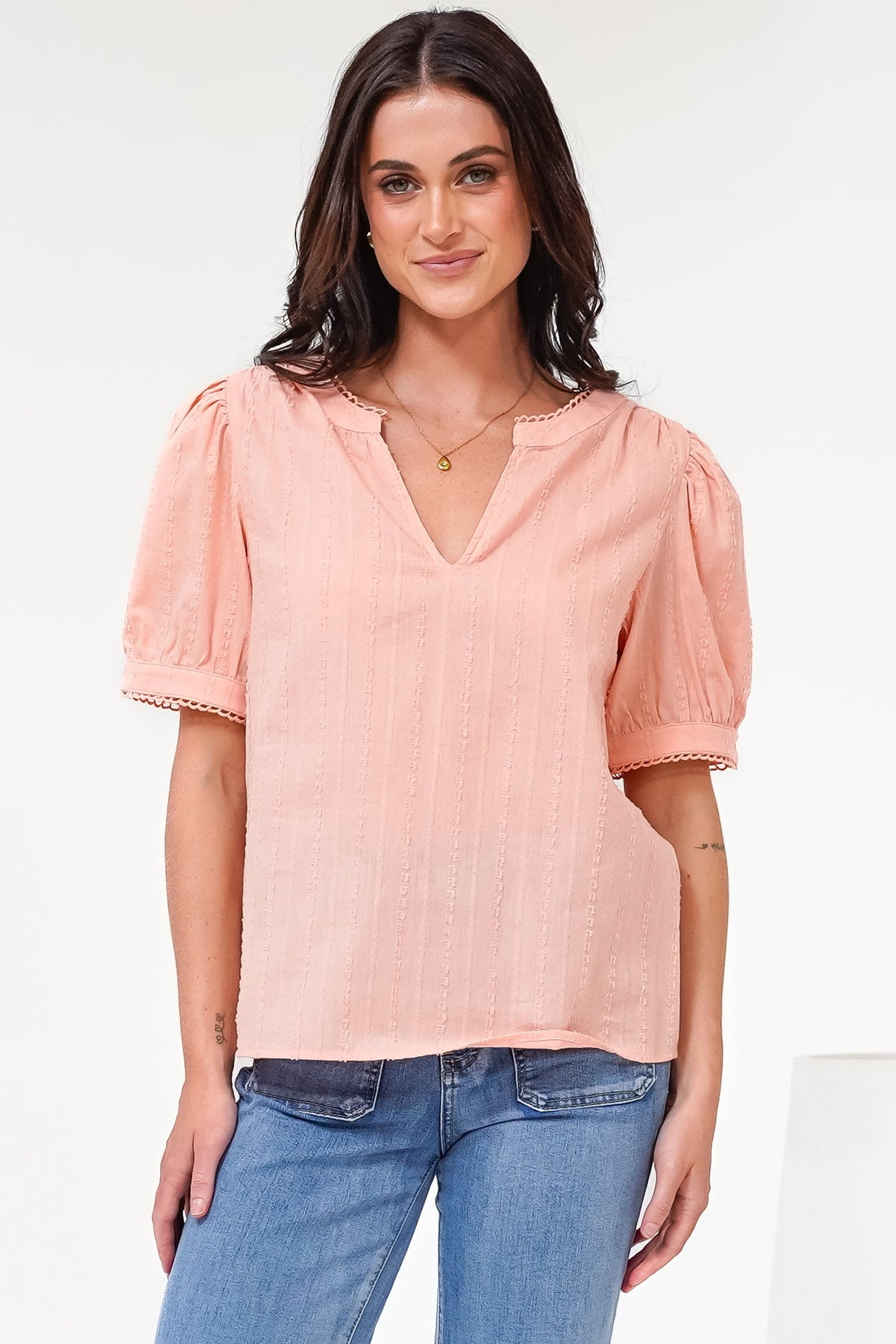 Loyalty Top - Textured V-Neck Split Collar Top with Puff Sleeves and Scallop Trims in Peach