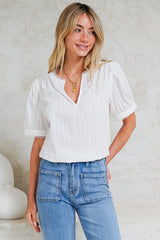 Loyalty Top - Textured V-Neck Split Collar Top with Puff Sleeves and Scallop Trims in White