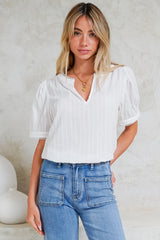 Loyalty Top - Textured V-Neck Split Collar Top with Puff Sleeves and Scallop Trims in White