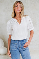 Loyalty Top - Textured V-Neck Split Collar Top with Puff Sleeves and Scallop Trims in White