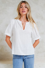 Loyalty Top - Textured V-Neck Split Collar Top with Puff Sleeves and Scallop Trims in White