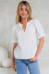 Loyalty Top - Textured V-Neck Split Collar Top with Puff Sleeves and Scallop Trims in White