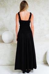Loyola Maxi Dress - Shirred Bodice Sun Dress with Side Split in Black