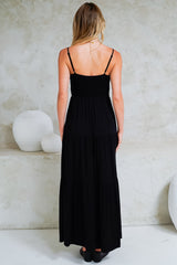 Constantine Maxi Dress - Bow Tie Bust Tiered Sun Dress with Pockets in Black