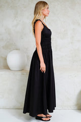 Loyola Maxi Dress - Shirred Bodice Sun Dress with Side Split in Black
