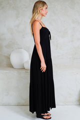 Constantine Maxi Dress - Bow Tie Bust Tiered Sun Dress with Pockets in Black
