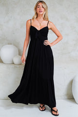 Constantine Maxi Dress - Bow Tie Bust Tiered Sun Dress with Pockets in Black