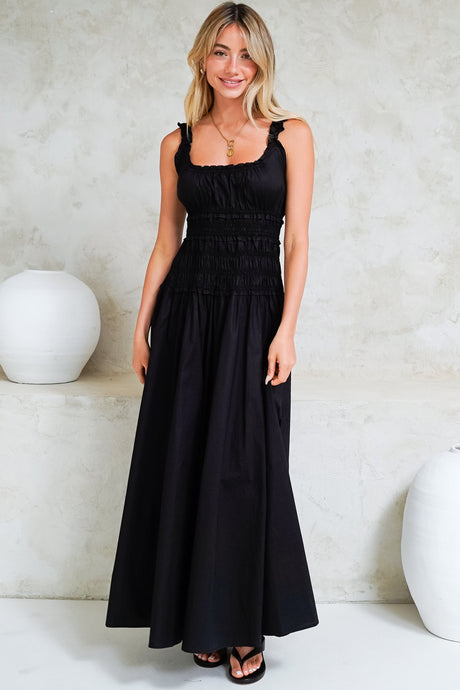 Loyola Maxi Dress - Shirred Bodice Sun Dress with Side Split in Black