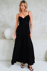 Constantine Maxi Dress - Bow Tie Bust Tiered Sun Dress with Pockets in Black