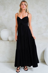 Constantine Maxi Dress - Bow Tie Bust Tiered Sun Dress with Pockets in Black