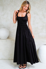 Loyola Maxi Dress - Shirred Bodice Sun Dress with Side Split in Black