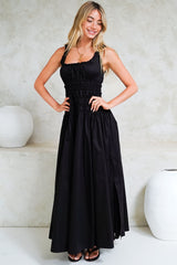 Loyola Maxi Dress - Shirred Bodice Sun Dress with Side Split in Black