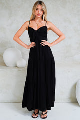 Constantine Maxi Dress - Bow Tie Bust Tiered Sun Dress with Pockets in Black