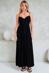 Constantine Maxi Dress - Bow Tie Bust Tiered Sun Dress with Pockets in Black