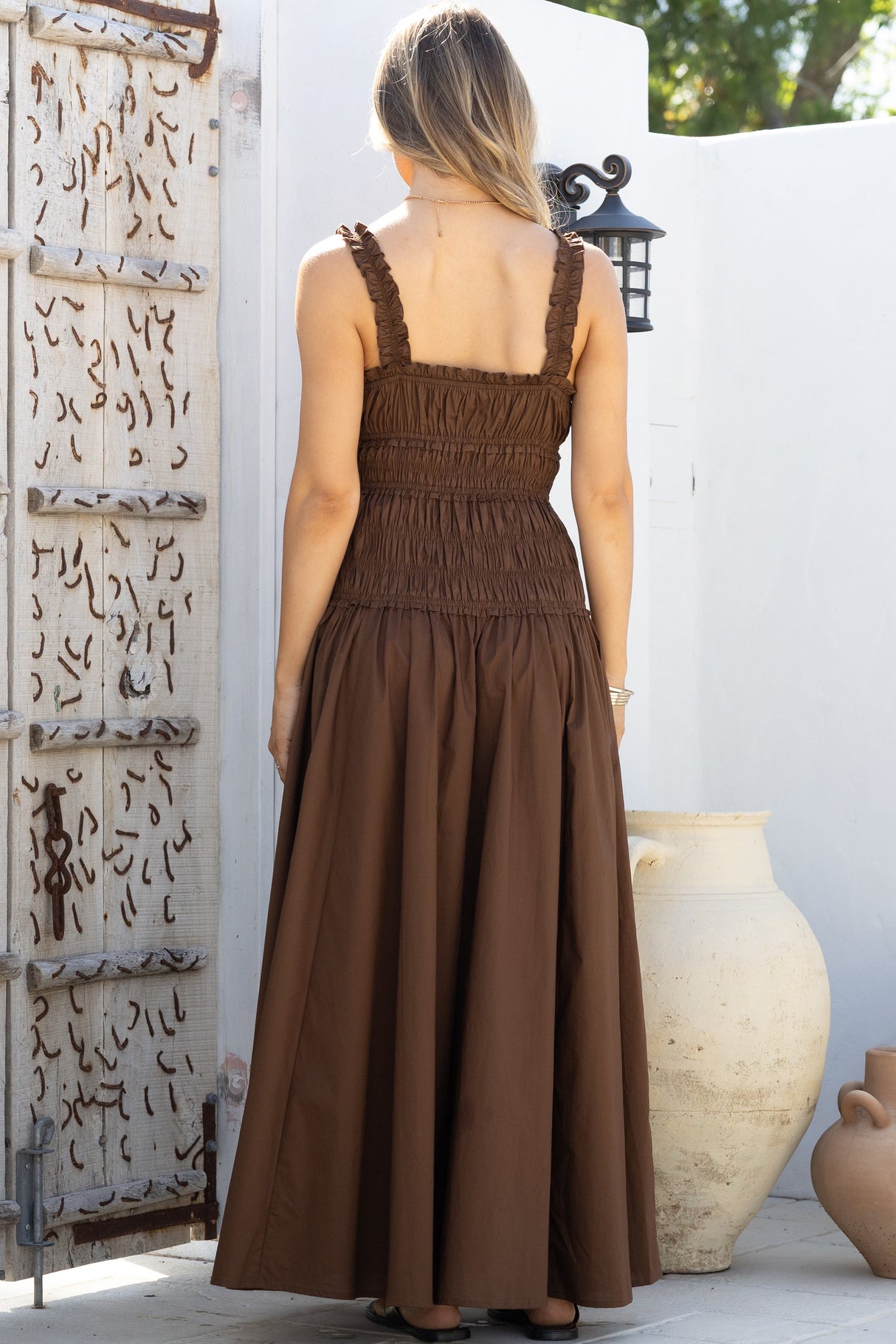 Loyola Maxi Dress - Shirred Bodice Sun Dress with Side Split in Chocolate