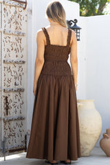 Loyola Maxi Dress - Shirred Bodice Sun Dress with Side Split in Chocolate