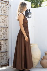 Loyola Maxi Dress - Shirred Bodice Sun Dress with Side Split in Chocolate