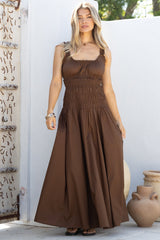 Loyola Maxi Dress - Shirred Bodice Sun Dress with Side Split in Chocolate