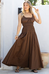 Loyola Maxi Dress - Shirred Bodice Sun Dress with Side Split in Chocolate