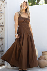Loyola Maxi Dress - Shirred Bodice Sun Dress with Side Split in Chocolate