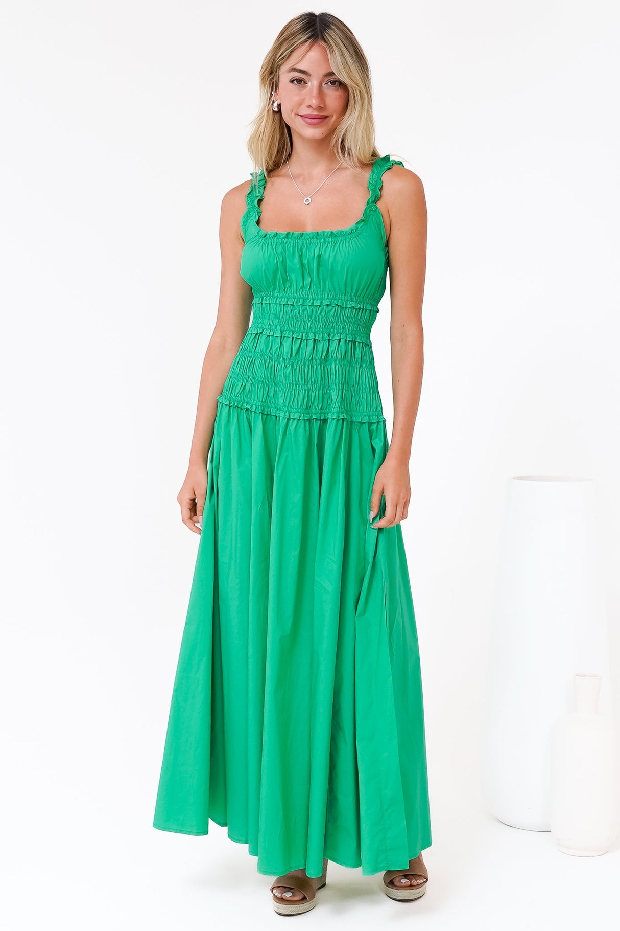 Loyola Maxi Dress - Shirred Bodice Sun Dress with Side Split in Green